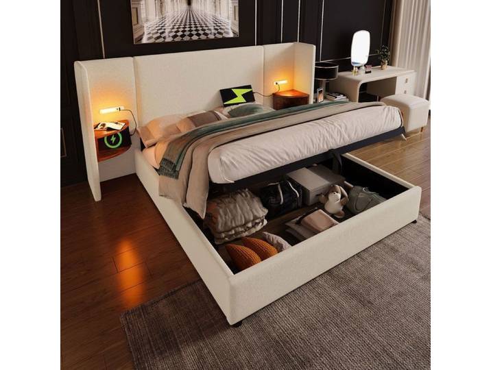 Lit rembourré - AUTREMENT - 160x200 cm - Beige - Rangement - Ports USB et lampes de lecture