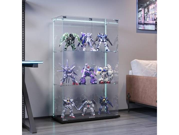 Glasvitrine mit LED-Beleuchtung, Vitrinenschrank mit Schloss, Glasvitrine Staubdicht für Sammlungen, Standvitrine Glasschrank für Wohnzimmer Schlafzimmer Büro (Schwarz+Lichtleiste+2Türen, 3 Schichten)