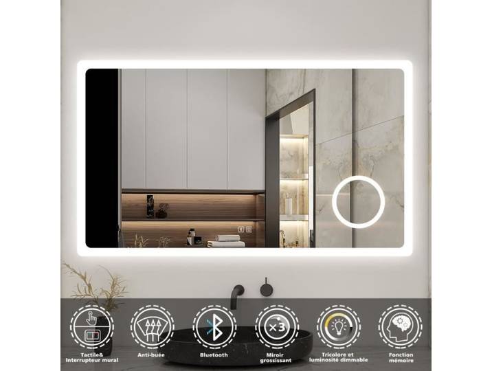 AICA Miroir lumineux loupe + bluetooth + tricolore + anti-buée 120x70cm salle de bain-dimmable mémoire tactile led