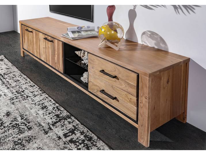 TV-Lowboard Front, Rahmen & Deckplatte: Massivholz Akazie, lackiert Seitenwände: Spanplatte, furniert Rückwand: MDF Mitteldichte