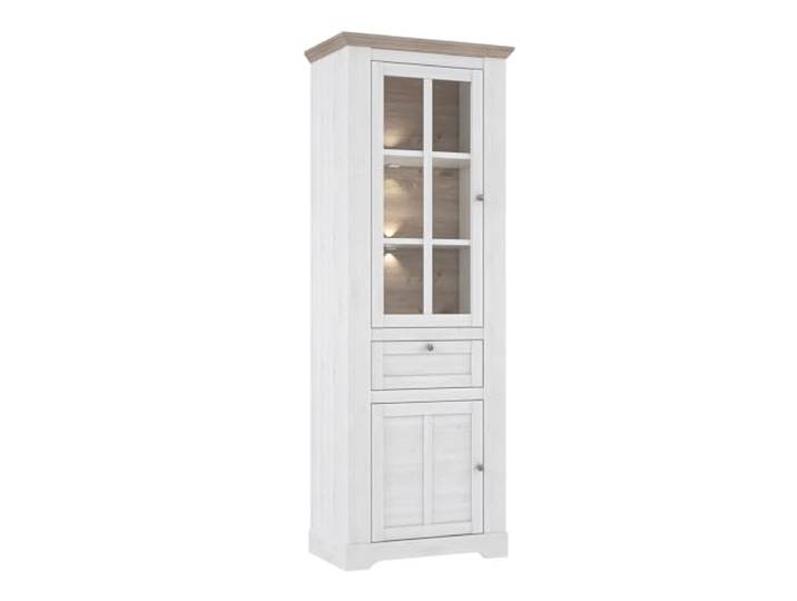 möbelando Vitrine >ILOPPA< 2 Türen, 1 Schub, Schnee/Nelson Eiche Dekor - 75,6x209,8x44,3cm BxHxT