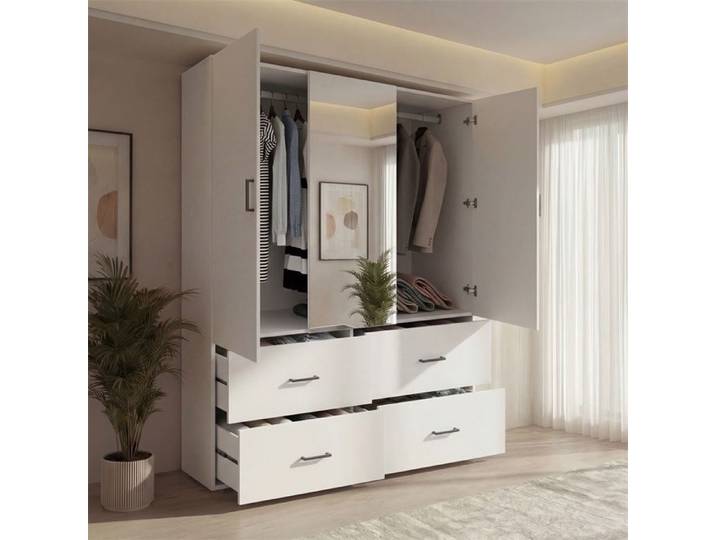 Armoire 130x51.8x181.5cm - Armoire dressing à 2 portes avec miroir central et 4 tiroirs - Blanc
