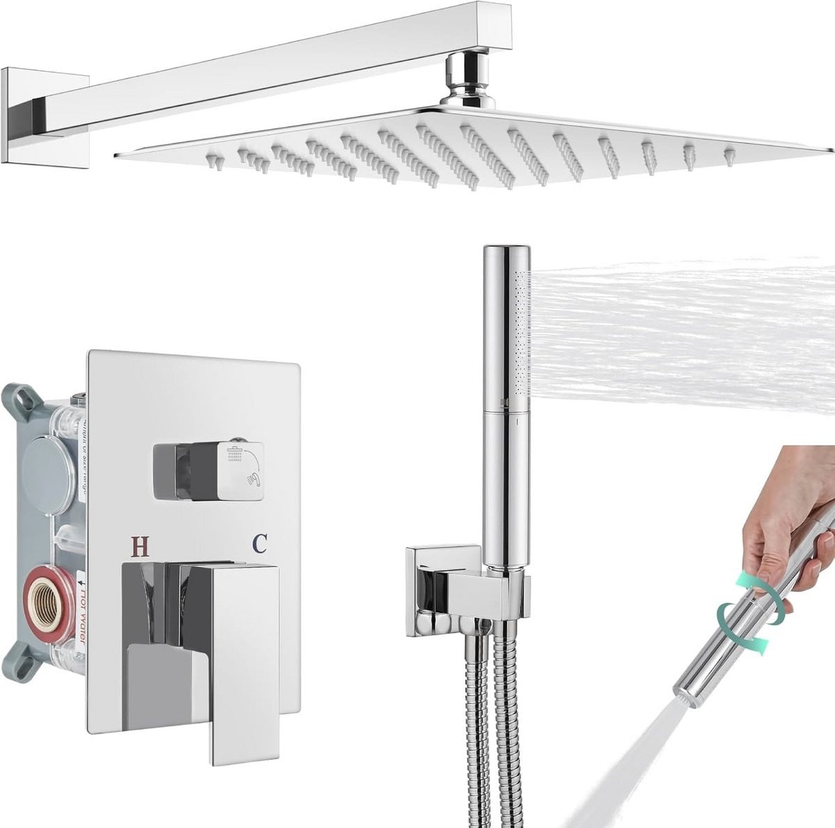 Moderne Vierkante Regendouche Set met Handdouche en Wandmontage, Chroom/Zilver, Breedte: 30,48 cm