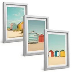 BILDER SET 3er Set - 20x30 cm Silberner Rahmen - Bunte Häuser, Strand, Sonne