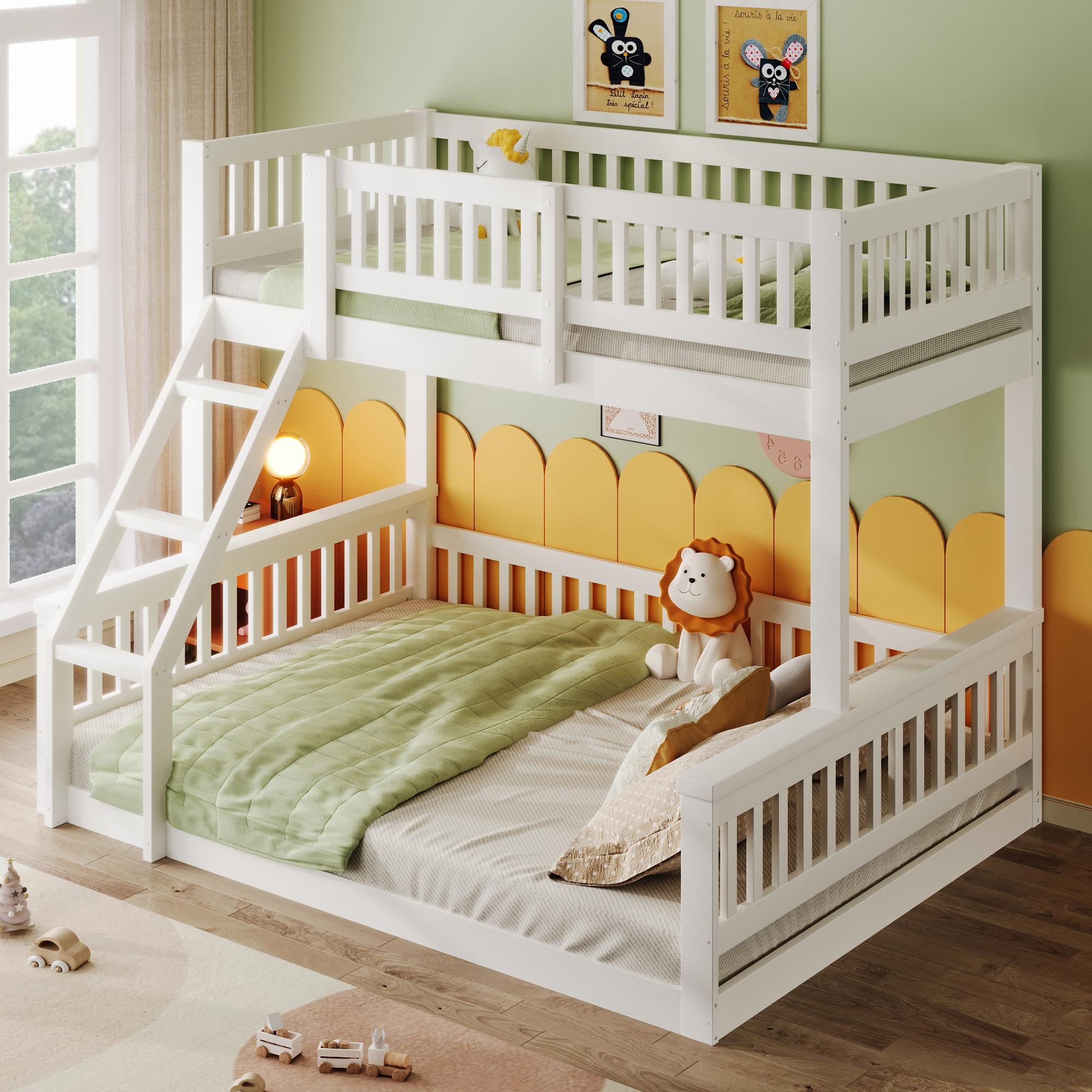 okwish Etagenbett 90/140x200 Bettgestell in verschiedenen Größen,Jugendbett mit erhöhten Schutzgitter,Kinderbett mit stabilem Geländer,mit einer Matratze,Weiß