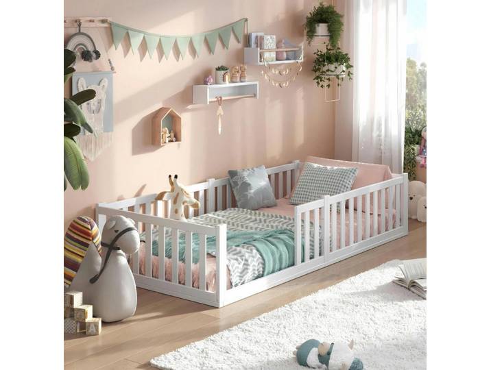 Alavya Home® Hausbett Alavya Home Bodenbett TITAN 90x200 cm Buche - Weiß (Set, Hausbett, Lattenrost, Schublade und Matratze), Massivholz Buche, Schublade und Kaltschaummatratze