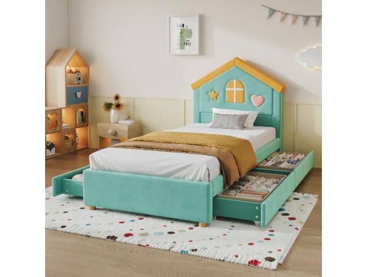BXEYXE Kinderbett 90x200 cm Hausbett Polsterbett in Blaugrün, Kinderbett mit 4 Schubladen, Stauraumbett für Kinderzimmer, Jugendbett mit französischem Samt, gepolstertes Bett mit Haus-Kopfteil