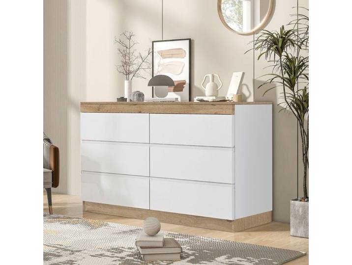 Commode 6 tiroirs blanc & chêne 110x40x67.5cm - Rangement salon/chambre - Aggloméré E1 - Pratique & design