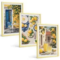 BILDER SET 3er Set - 40x60 cm Goldrahmen - Zitronengarten mit Getränken