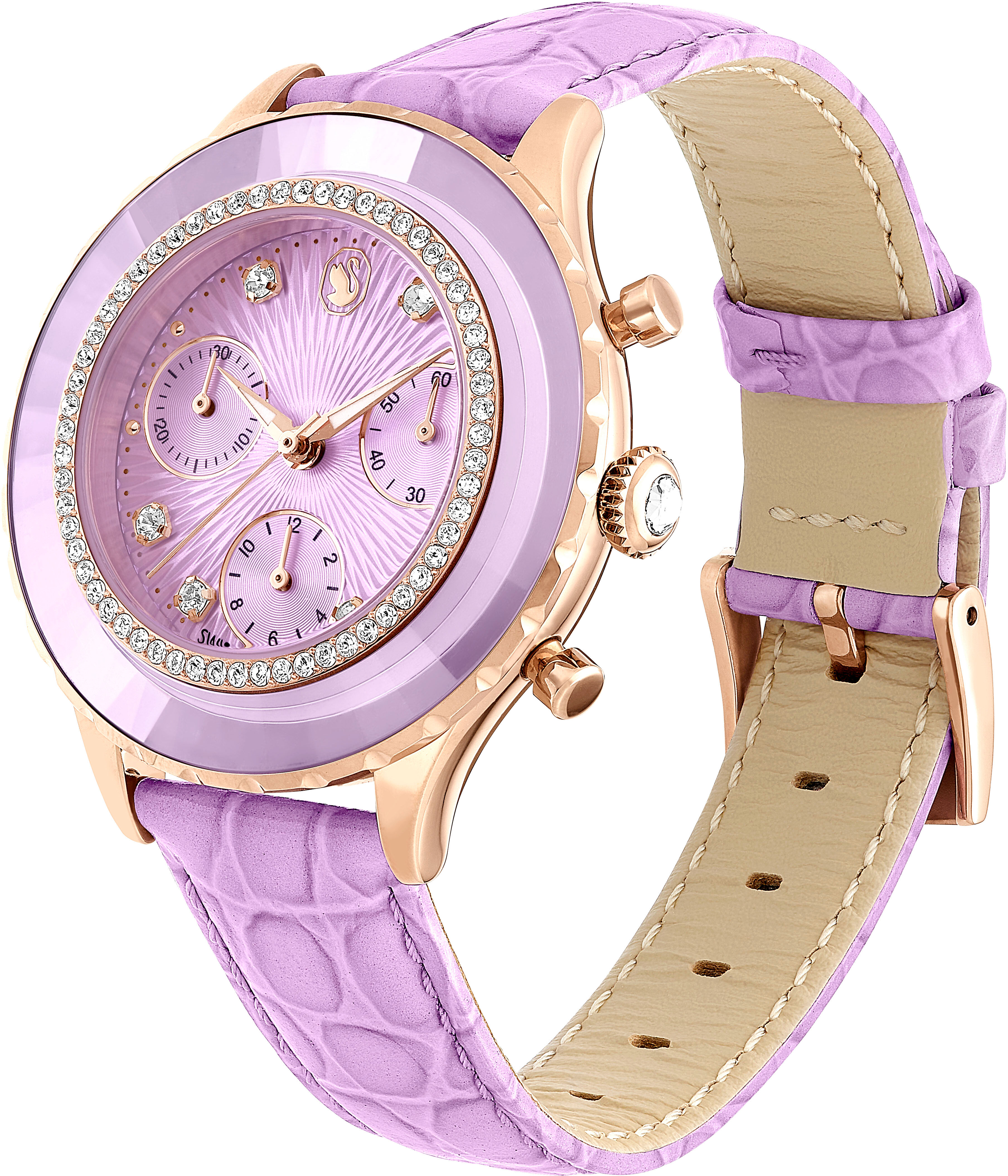 Chronograph SWAROVSKI "OCTEA CHRONO", lila, Armbanduhren, Damen, Chronograph, Quarzuhr, Armbanduhr, Damenuhr, Swiss Made, Lederarmband, analog