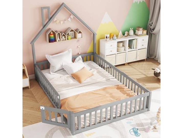 Ball & Cast Bodenbett (140x190 cm), Jugendbett und Hausbett mit Schornsteinform, Kinderbett 90x200 mit rausfallschutz, ohne Matratze, Grau