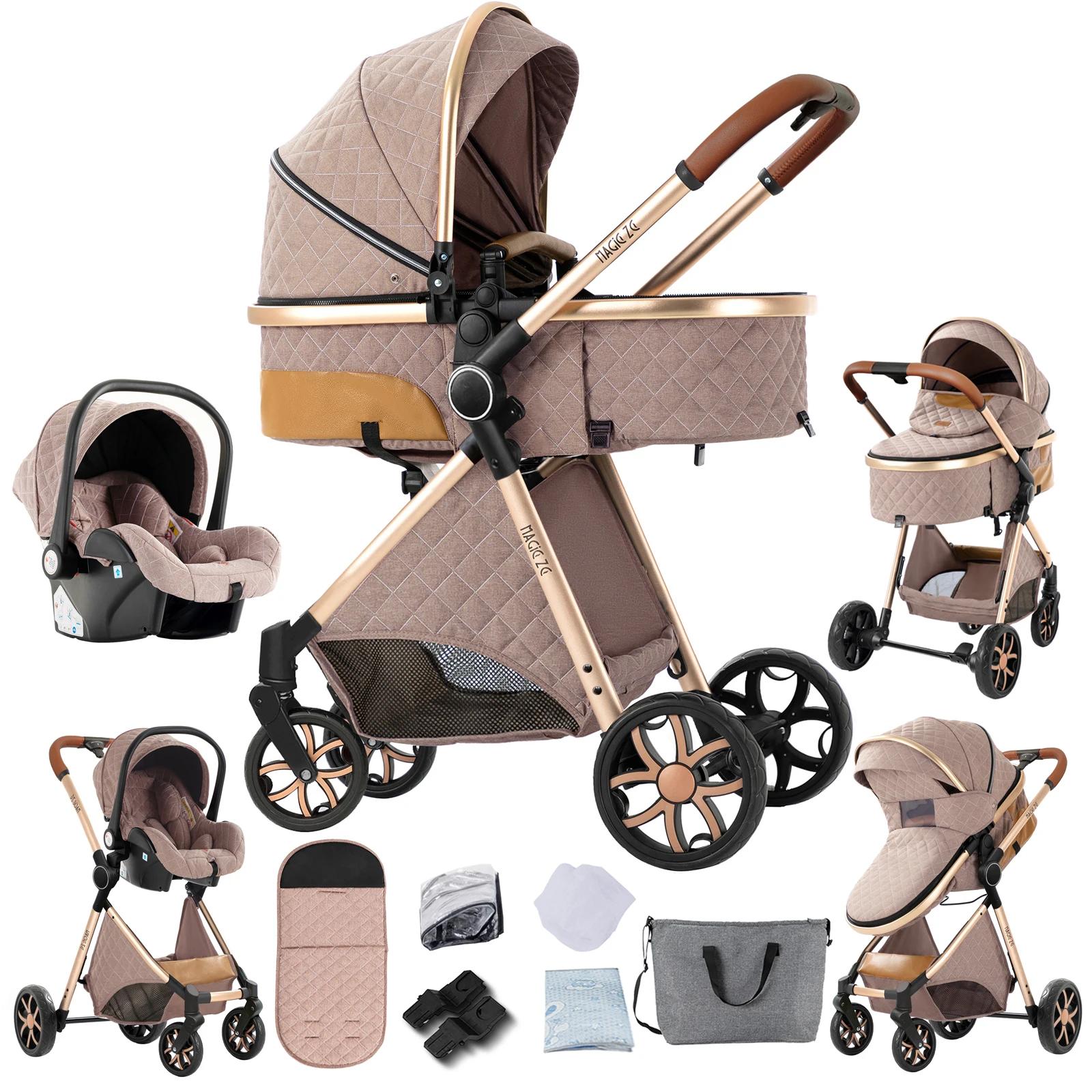 3-in-1 Kinderwagen mit Babyschale - Kombikinderwagen - Babywanne - Faltbar - Wende-Sitzeinheit - Federung - Max. 20 kg - Khaki