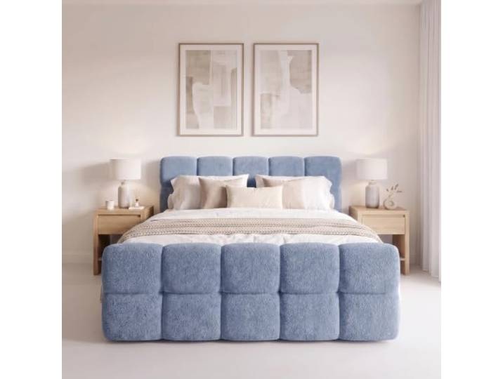 Elvora DESIGN. Boxspringbett SOVA I 140x200 cm, 2 Bettkästen, Graublau Bonell-Federkernmatratze, Schaumstoff-Topper 6 cm, zwei Bettkästen mit Gasdruckfedern, Bouclé-Bezug, Sitzhöhe 57 cm