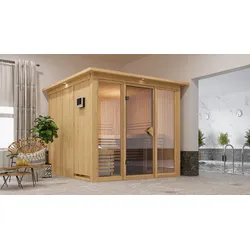 Karibu Sauna Askja Superior mit Fronteinstieg 68 mm Inkl. Dachkranz 9 kW Ofen inkl. Huum Wlan Steuergerät mit App-Funktion,