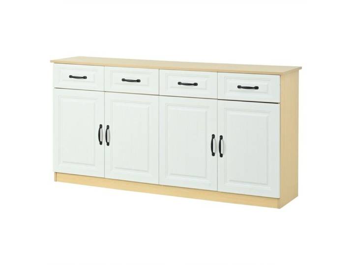 Buffet Bahut Blanc Et Naturel MDF 160x35x80cm 4 Tiroirs 4 Portes 2 Étagères Façade Rainurée Poignées Métal Grand Rangement Salon