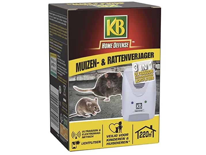 KB Home Defense Diervriendelijke Muizen- en Rattenverjager Ultrasoon - Elektromagnetisch en Lichtflitsen - Bereik 220 m2
