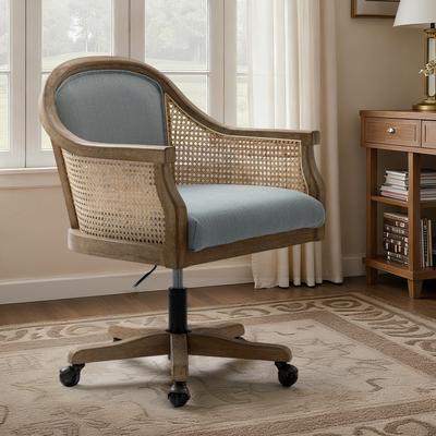 HULALA HOME Danilo Farmhouse 360 Degree Swivel Height Adjustable Rattan Desk Chair with RubberWood