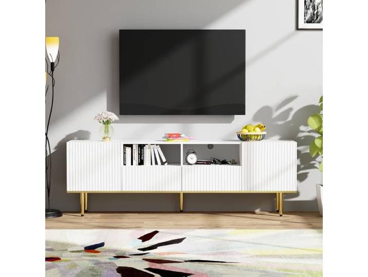 Meuble tv moderne Meuble TV avec pieds dorés et bordure dorée - blanc