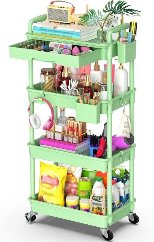 Mobiele opbergwagen met 4 niveaus, groen, voor keuken, badkamer, kantoor en woonkamer