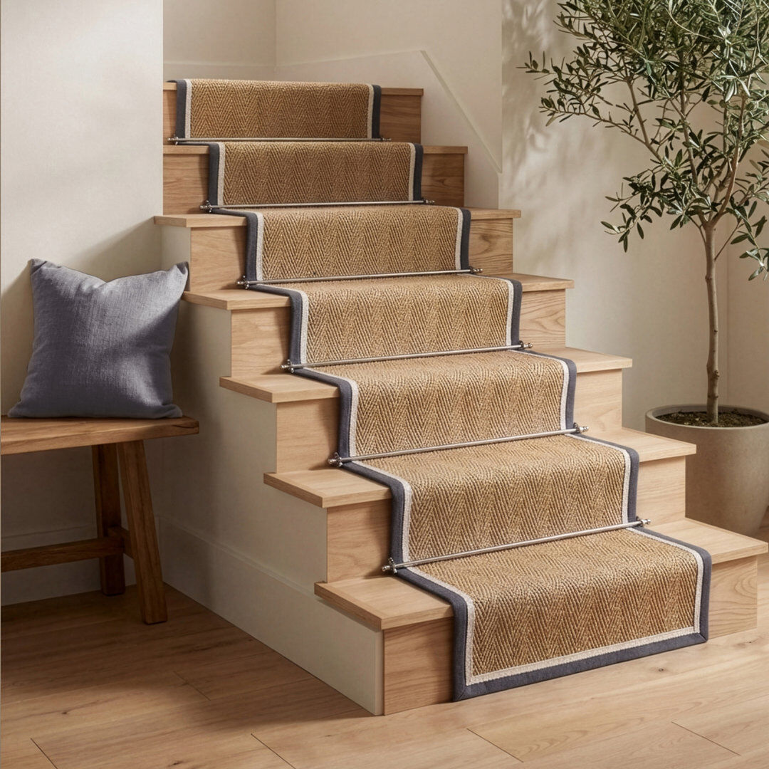 Ebern Designs Stair Runner Sadina Herringbone Slate Cream Stair Runner 67 x 600 cm