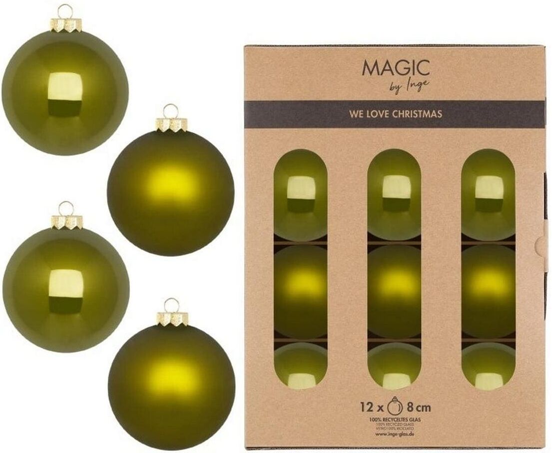 Weihnachtsbaumkugel "INGES CHRISTMAS DECOR Green Olives 12 Stück", grün (olivgrün), Ø:8cm, Glas, Weihnachtsbaumkugeln, Weihnachtsbaumkugel olivgrün 8cm