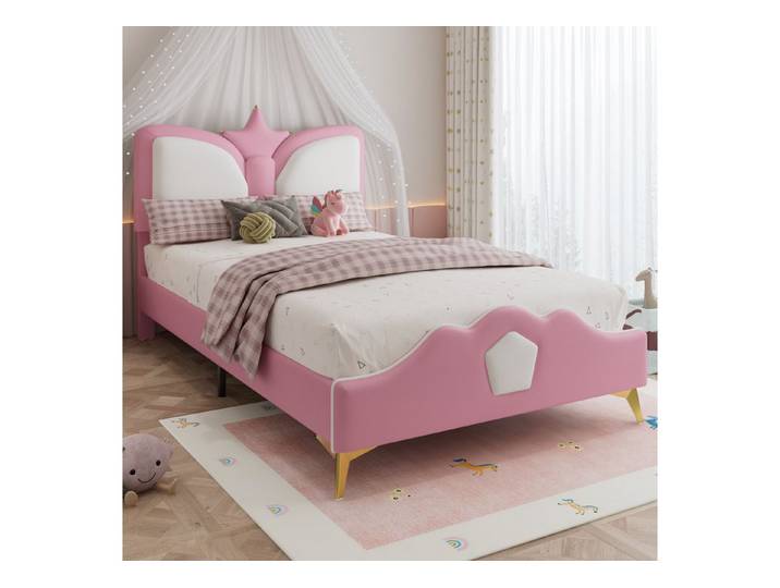 MODFU Polsterbett Antikollisions-Schwammkante (Jugendbett mit Kronen-Kopfteil, Kinderbett 90x200 cm), Inklusive Matratze