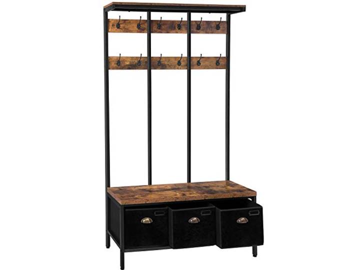 HOOBRO Portemanteau\, Meuble d’entrée\, Vestiaire avec 12 Crochets\, 3 Coffres de Rangement\, Banc à Chaussures\, Portant à Vêtements\, Stable\, Style Industriel\, pour Entrée\, Salon\, Chambre EBF33MT01