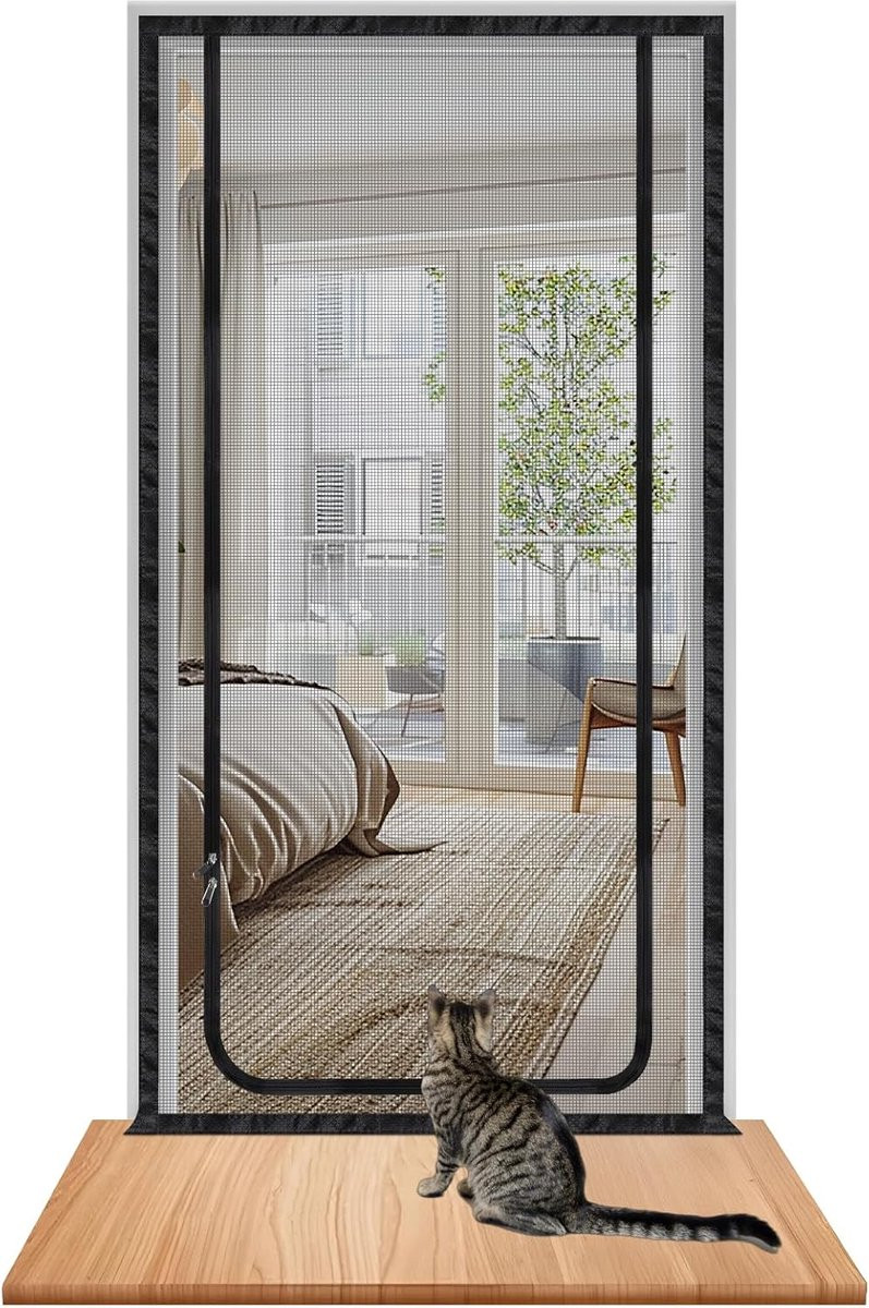 Katten hordeur zwart - Krabbestendig deurnet met rits - B/D/H: 90 x 210 cm