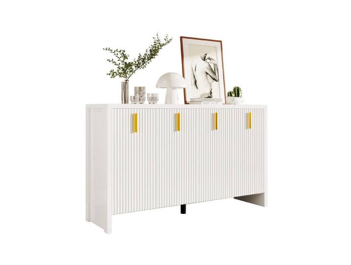 Rutaqian Sideboard Modernes minimalistisches weißes Sideboard,Beistelltisch 140x80x38cm (Sideboard mit goldenen Griffen und verstellbaren Trennwänden), geeignet für Schlafzimmer, Wohnzimmer, Flur, einfache Montage
