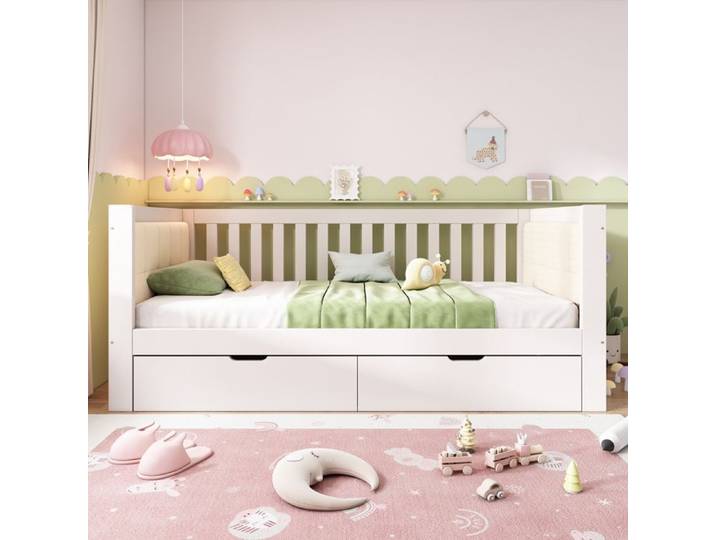 Lit banquette - ZEVKOR - 90x200 - 2 tiroirs - Tête de lit velours capitonnée - Blanc