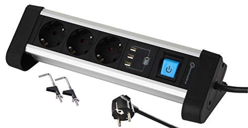 Electraline 62559 Stekkerdoos voor Werktafel met 3 Geaarde Stopcontacten en 3 USB-Poorten 3,4 A, Metallic
