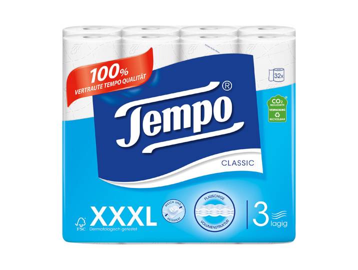 Tempo Toilettenpapier Classic, Fsc® Mix, 3-lagig, weiss, 32 Rollen