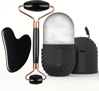 Silver Stone Store Ice Face Roller & GuaSha Set Lift, Tighten & Contour Skin 3pcs Set black
