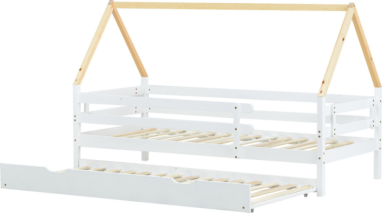 Baumhausbett, Tagesbett, Einzelbett, Kinderbett, Ausziehbett, Schiebebett mit Rollen unten, Massivholz, weißes Bett, naturfarbener Dachstuhl