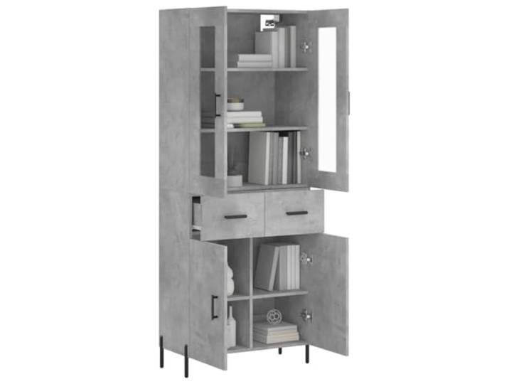 KTHLBRH Anrichte grau Beton 69,5 x 34 x 180 cm Holz mehrschichtig Metallfüße, Glas inklusive, viel Stauraum, Montage erforderlich
