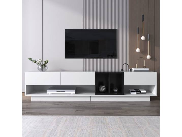 Meuble TV 190 cm noir et blanc 3 tiroirs rangement salon
