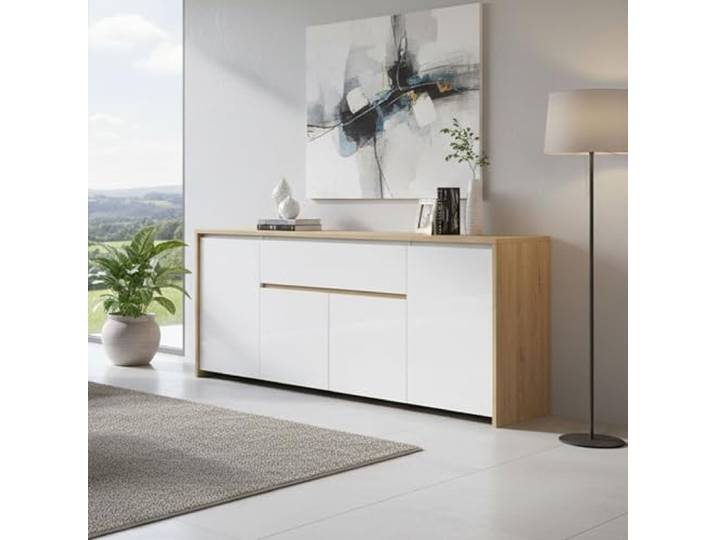Dmora - Kommode Charlize, Wohnzimmerbuffet, Wohnzimmer-Sideboard, Moderne Küchen-Speisekammer, 197x48 h84 cm, Eiche und Weiß