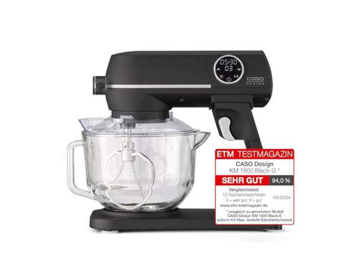 CASO KM 1800 Black-G, Edle Küchenmaschine, Testurteil: Sehr Gut, 1800 Watt, 4,5 l Glasschüssel, planetarisches Rührwerk, 10 Geschwindigkeitsstufen, Timer