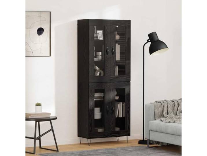 Highboard Schwarz Eichen-Optik Holzwerkstoff Sideboard mit Glastüren Glastüren, Eisenbeine, Metallgriffe, Wohnzimmer, Esszimmer, Bücher, Geschirr, Innenbereich, pflegeleicht