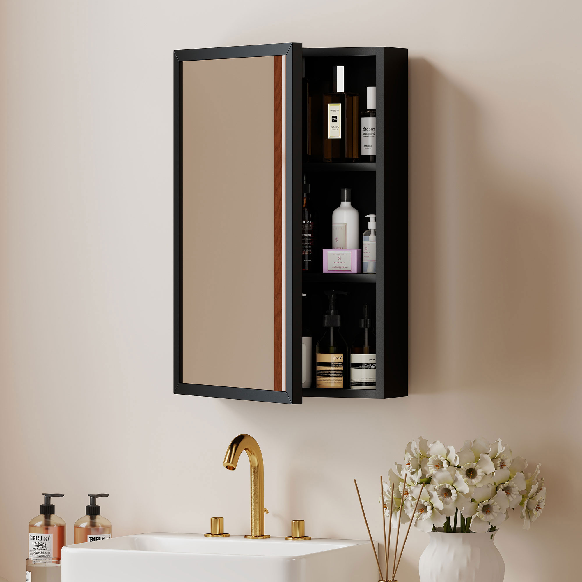 Kleankin Specchiera Bagno in Acciaio con Armadietto a 3 Ripiani e Chiusura Ammortizzata, 40x12x60cm, Nero Aosom