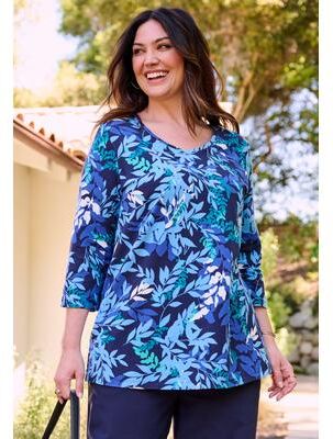 Plus Size Women's Suprema® 3/4 Sleeve V-Neck Tee by Catherines in Navy Wild Leaves (Size 2X)