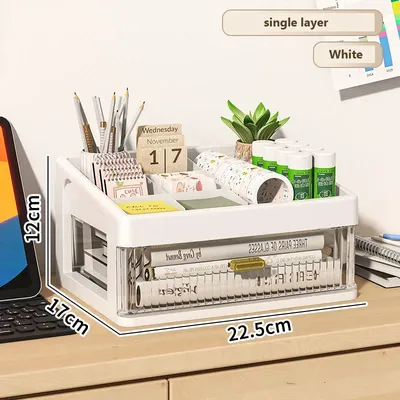 Plastic Organizing Boxes School Drawer Storage Desk Organizer, Transparent Office Supplies Accessories Box white