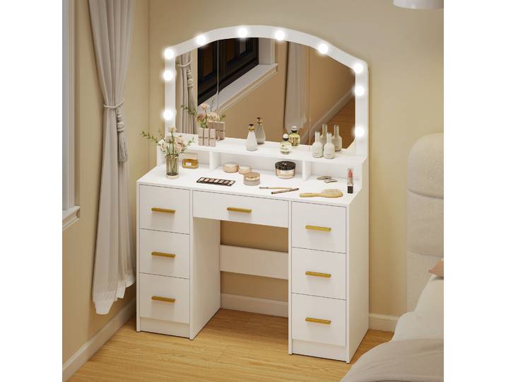 HOMCOM Coiffeuse Hollywood LED Miroir 7 Tiroirs MDF Blanc