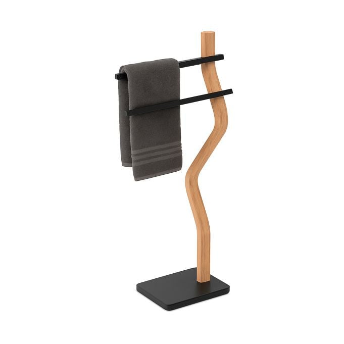 Relaxdays Handdoekrek Badkamer met 2 Stangen, Zwart-Natuur, H x B x D: 86 x 37 x 18 cm