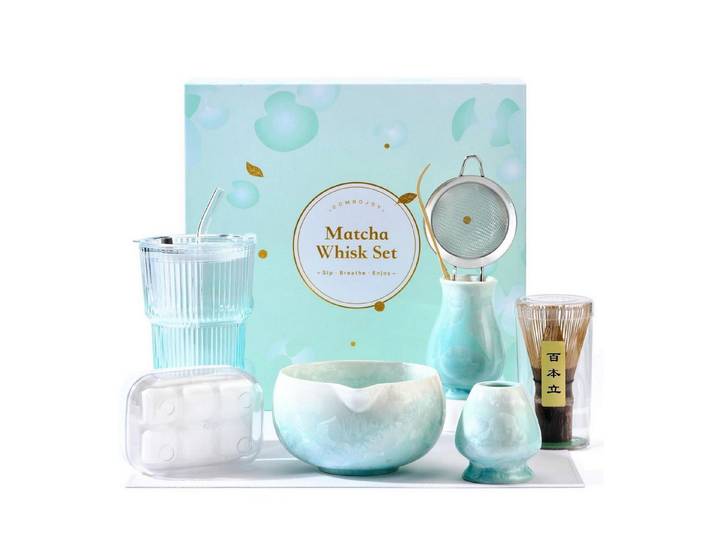 LuxusKollektion Teeservice Matcha Set 9tlg Blau Kristallglas & Bambus