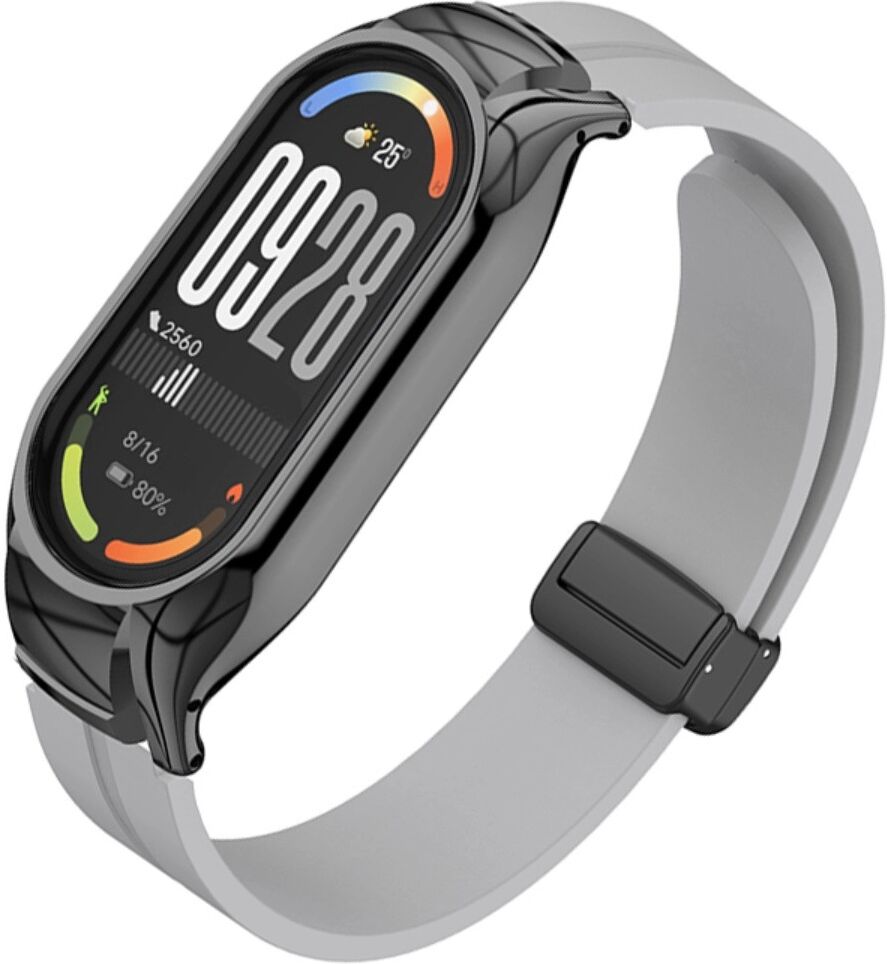INF Metallgehäuse-Silikon-Ersatzarmband kompatibel mit Xiaomi Mi Band 8, magnetische Faltschließe, 12mm-Schnittstelle Grau