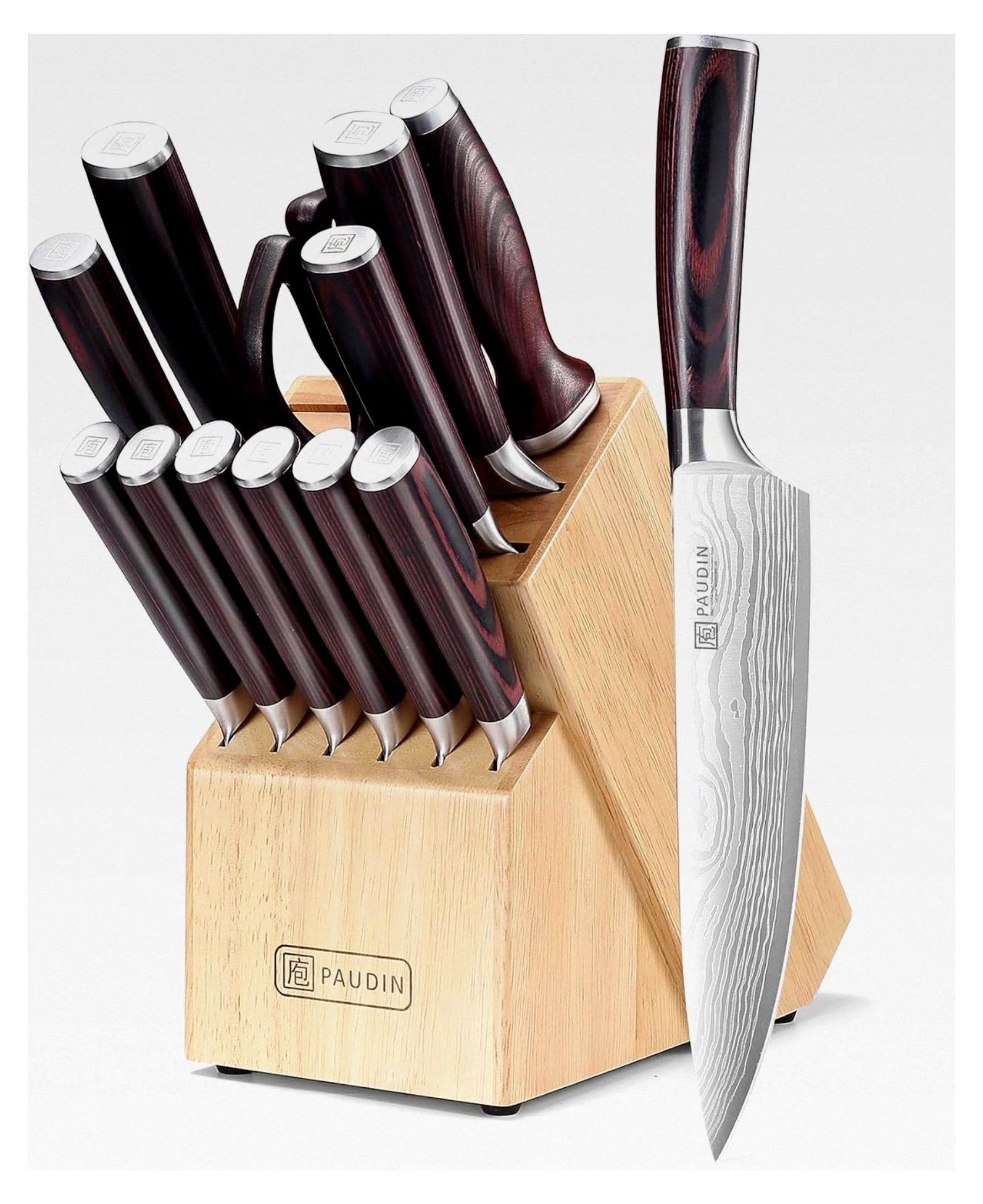 14-teiliges Messerblock Set aus 1.4116 Edelstahl mit Holzblock, Wetzstahl und Schere, rostfrei, scharfe Küchenmesser für Haushalt und Profis, FDA, ideal als Geschenk