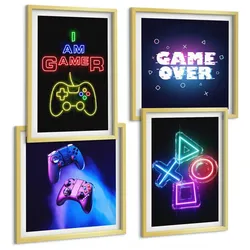 BILDER SET 4er Set - 50x50 cm & 40x60 cm Goldrahmen - Gamepads, Spielersymbol-Untertitel