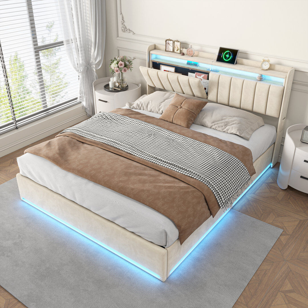 Brayden Studio Upholstered Ottoman Storage Bed with LED Lighting and USB Port, Bed with Storage and Headboard Beige 135*190cm