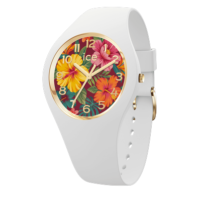 Quarzuhr ICE-WATCH "ICE flower", bunt (rot, rot), Armbanduhren, Damen, weiß, Quarzuhr, Armbanduhr, Damenuhr, Silikonarmband, analog